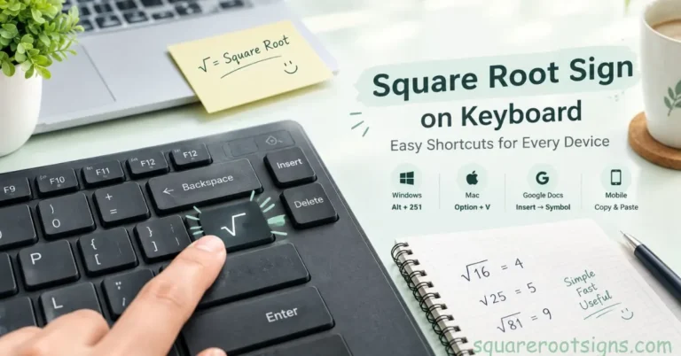 Square Root Sign on Keyboard: A close-up of a keyboard showing the square root (√) symbol key, with a finger pointing to it and a guide to typing the square root sign on Windows, Mac, Google Docs, and mobile devices.